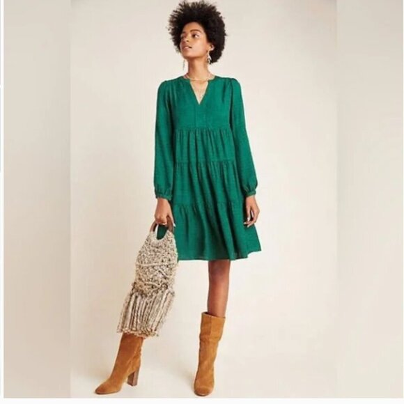 Maeve Dresses & Skirts - Anthropologie Maeve Amber Tiered Tunic Long Sleeve Dress in Evergreen Size XS